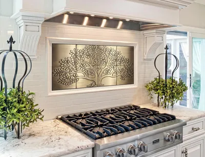 Zdjęcie produktu dla Mosiężne panele ścienne CopperAndCraft 100x50 cm, motyw drzewa życia, ręcznie robione metalowe płytki, grafika ścienna lub splashback, panel splashback