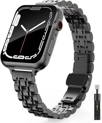 Produktbild von FFO2World s dünnes Edelstahlarmband - Schwarz - Kompatibel mit Apple Watch 49mm/46mm/45mm/44mm/42mm (Serie 3/2/1) - Damen Kettenarmband