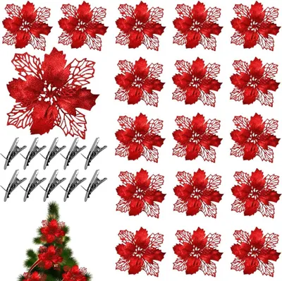Produktbild von 20 Stück Weihnachtsblumen Deko,Weihnachtsdekoration Blumen,Weihnachtsblumen Picks Glitzer,Weihnachtsblumen Künstlich,Decorations (Rot)