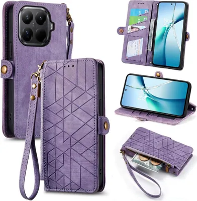Produktbild von Für Xiaomi 15T Pro 5G Geometric Kunstleder Zipper Book Wallet Tasche Lila