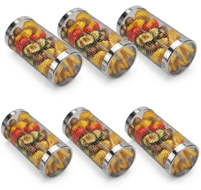 Produktbild von Grillkorb Edelstahl rund – Zylinder Grillnetz mit Griff für Camping & BBQ, rostfrei — 6 Stück