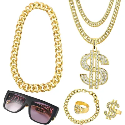 Productafbeelding van Hip Hop Rap-kostuumset, 6-delig, outfit uit de jaren 80 en 90, voor heren en dames, inclusief gouden ketting, zonnebril en ring