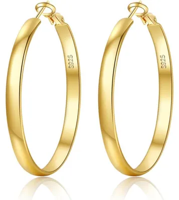 Image de Boucles d'oreilles créoles en argent 925, pour femmes, largeur de 5 mm, plaqué or 14 carats, diamètre de 30 à 70 mm