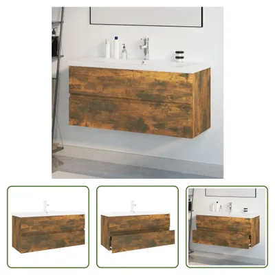 Produktbild von The Living Store Waschbeckenschrank mit Einbaubecken Räuchereiche Holzwerkstoff