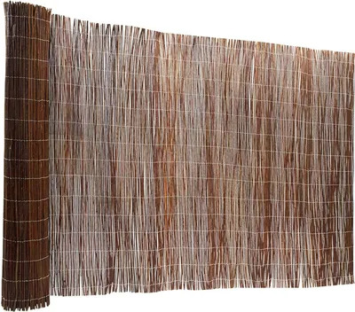 A rolled-up privacy screen made of natural wood.