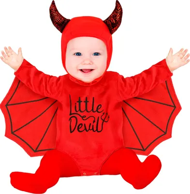 Produktbild von Babykostüm "Teufel aus Plüsch" für Kinder | Rot - Overall, Kopfbedeckung Größe: 98
