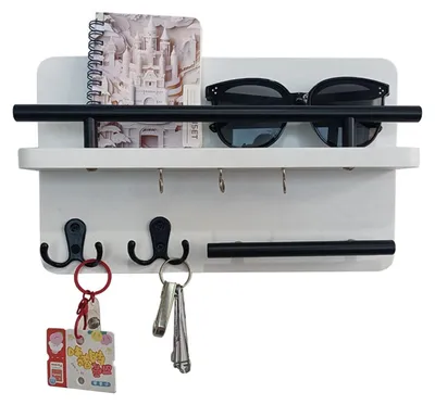 Produktbild von Wandmontierter Schlüsselhalter, Schlüsselbrett aus Holz mit 5 Haken und Briefablage, weiß