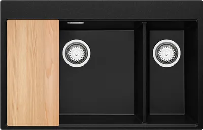 Produktbild von PRIMAGRAN Spülbecken Schwarz 78x50cm, Granitspüle 2 Becken + Ablauf-Set + Schneidebrett, Küchenspüle ab 80er Unterschrank - Oslo Duo