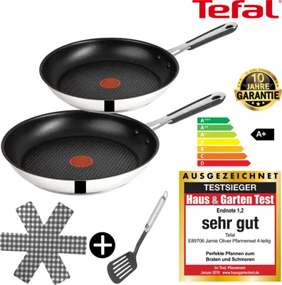 Produktbild von Tefal E30 Jamie Oliver Pfannenset Induktion 4 tlg -SET7- kleine Pfanne 20 cm + Bratpfanne gross 28 cm, Antihaft-beschichtet, FÜR KLEINE HAUSHALTE, inkl Wender + Schoner, Silber