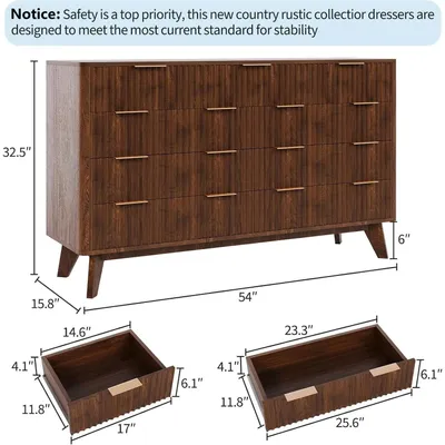 Image de Meuble TV avec façade rainurée - Buffet avec 9 tiroirs - Largeur : 137 cm - Bois - Poignées en métal - Idéal pour le salon et l'entrée - Marron