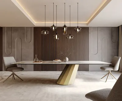 Produktbild von DELIFE Esstisch Edge 300x100 Keramik Minas Melange Weiß-Beige Parabel Metallic Gold
