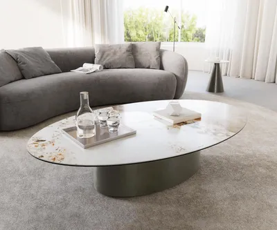 Produktbild von DELIFE Couchtisch Casilda 150x90 cm Keramik Minas Melange Weiß-Beige Mittelfuß Effektfinish Titan