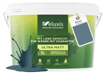 Produktbild von Wandfarbe Blau Grau Petrol Matt Innenfarbe – Deckkraft Klasse 1, VOC-frei, Ohne Grundierung, Tropfarm – Wohnzimmer & Schlafzimmer – 5L – Veluxis (Blue Mussel)