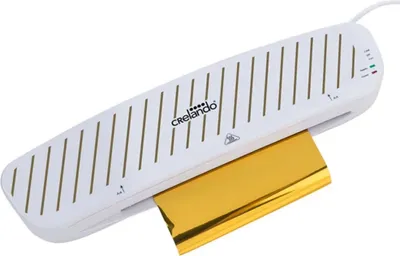 A white CRELANDO laminator with a gold foil sheet partially inserted.