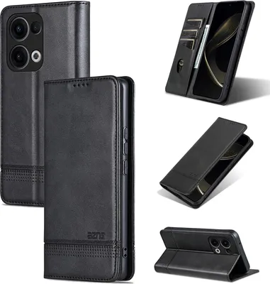 Image de Etui en cuir pour Oppo Reno13, étui portefeuille pliable avec fermeture magnétique et support noir