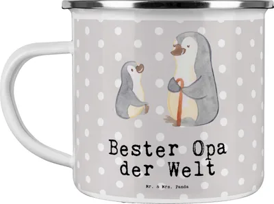 Produktbild von Mr. & Mrs. Panda Emaille Tasse Pinguin Bester Opa der Welt - Grau Pastell - Geschenk, Haferl, Kleinigkeit, Teetasse, Geschenkidee, Campingtasse, Geburtstag, Oppi