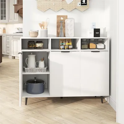 Image de Meuble de rangement en bois - Buffet - Armoire de cuisine - Rangement - Buffet - 5 étagères réglables - Blanc - 120x40x90 cm