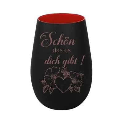 Produktbild von Stölzle Lausitz Windlicht aus Glas schwarz rot mit Lasergravur „Schön das es dich gibt“, persönliches Geschenk für Freunde, Familie und Partner