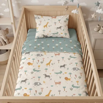 Produktbild von Baby Bettwäsche Safari Tiere 100x135 cm süße Bettwäsche mit Zebra, Elefant & Co 2-teiliges Set aus 100% Baumwolle mit Reißverschluss