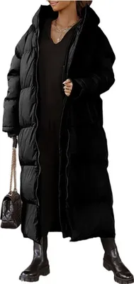 Produktbild von ASKSA Damen Wintermantel Lange Puffer Daunenjacke Gesteppter Mantel Kapuze Oberbekleidung, Schwarz, 2XL