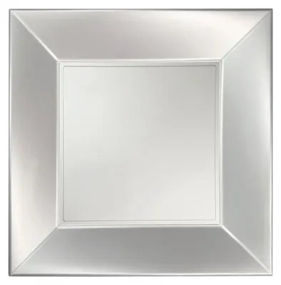 A square silver plastic dessert plate with a raised rim.