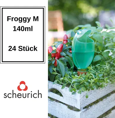 Produktbild von Scheurich Wasserspender Froggy M | 24x Grün | 140 ml Füllmenge | Bewässerungskugel klein mit Ton Fuß | Wasserspender Pflanzen und Blumen Terrakotta Stiel