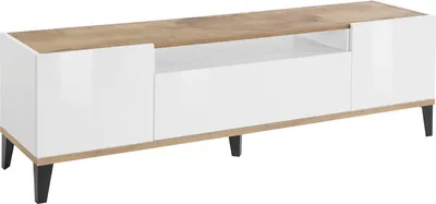 Produktbild von Fernsehschrank Dfigol, Niedriges Sideboard für Wohnzimmer mit 2 Türen, Sockel für TV-Möbel, 100 %  Italy, cm 160x40h47, Weiß glänzend und Ahorn