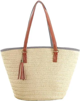 Produktbild von Beige Sommer Strandtas mit Ledergriff und Bürsten, Damen Crossbody Tasche