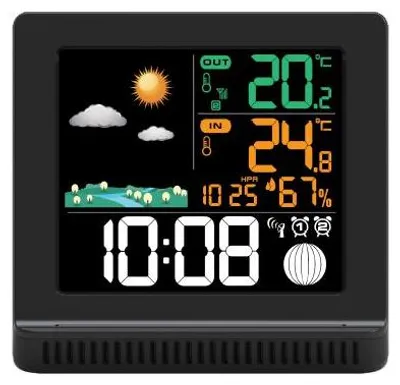 Produktbild von Wetterstation B-4912 Schwarz 127x33x122 mm für Innen- & Außentemperatur, Luftfeuchtigkeit, Uhr