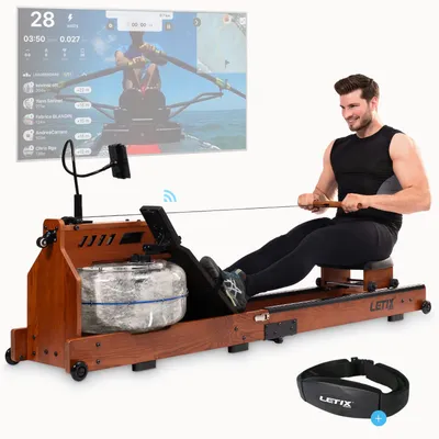 Obrázok produktu pre Vodný veslársky trenažér s dvojkomorovým systémom, LCD displejom, Bluetooth, APP + držiak na tablet - pravé drevo Aqua Rower skladací, veslársky trenažér s vodnou nádržou pre domácnosť vrátane pásu na meranie tepu - Teak