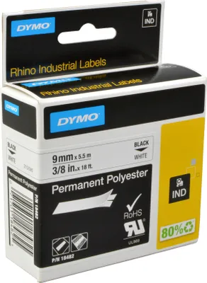 Produktbild von DYMO Rhino Industrie Permanente Polyesteretiketten | 9 mm x 5,5 m | Schwarz auf Weiß | selbstklebendes Schriftband | für Rhino und LabelManager Beschriftungsgerät, Schwarz auf weiss, Mehrfarbig, Polyester, -40 - 150 °C, UL 969, DYMO