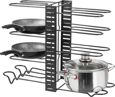 Produktbild von eluno doppelseitiger Topfdeckel und Pfannenhalter für Schubläden und Schränke, mit Anti-Rutschfüßen, 8 verstellbare Teiler, horizontal oder vertikal nutzbar, schwarz