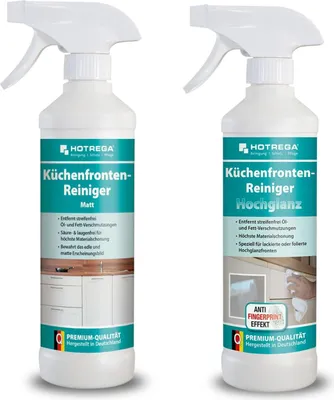 Produktbild von HOTREGA Küchenfronten Reiniger Set für matte & hochglanz Oberflächen 2× 500 ml | Öl- und fettlösend | Streifen- & rückstandsfreier Intensivreiniger