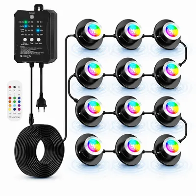 Produktbild von 12er set LED RGB Poolbeleuchtung mit 14 Farben, Unterwasserstrahler mit Lichtsensor, 5 Helligkeitsstufen Teichbeleuchtung mit Fernbedienung und Timer