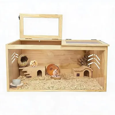Image de Cage pour hamster en bois - Enclos pour hamster - Habitat naturel - Couvercle rabattable - Grandes plaques en acrylique - Sûr pour les rongeurs - 80x40x40 cm