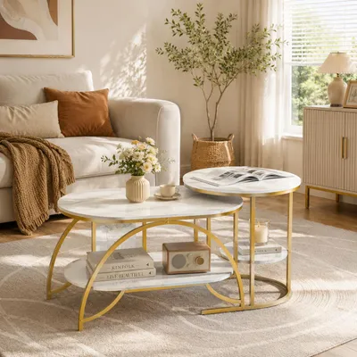 Produktbild von INONEFT Couchtisch 2er Set, Wohnzimmertisch Rund  mit Offener Stauraum, Sofatisch für Wohnzimmer Schlafzimmer, Beistelltisch, Gold, KI-generiertes Bild