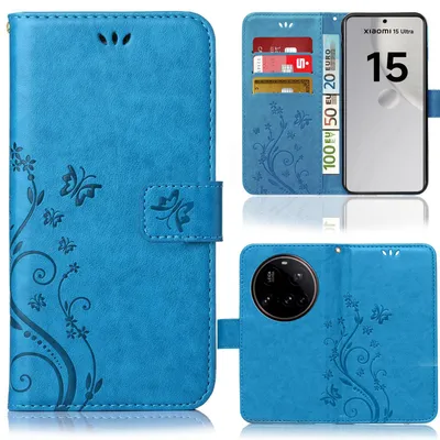 Produktbild von Handy Tasche für Xiaomi 15 Ultra Schutz Hülle Handyhülle mit Blumenmuster Klapp Hülle mit Standfunktion und Kartenfächer Farbe: Blau
