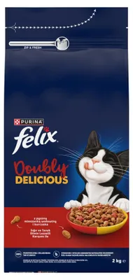 Zdjęcie produktu dla Purina Felix Doubly Delicious 2kg Sucha Karma z Wołowiną i Kurczakiem Dla Dorosłych Kotów