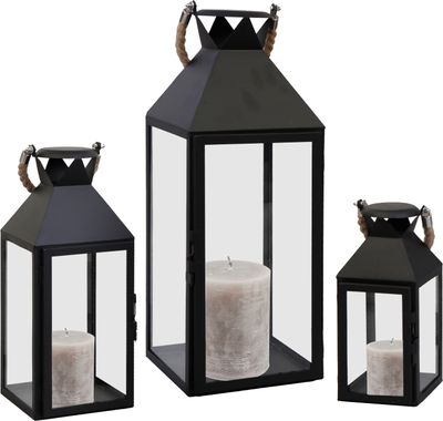3er Laternen Set Metall Gartenlaterne Windlicht Seilgriff 25/40/51cm
