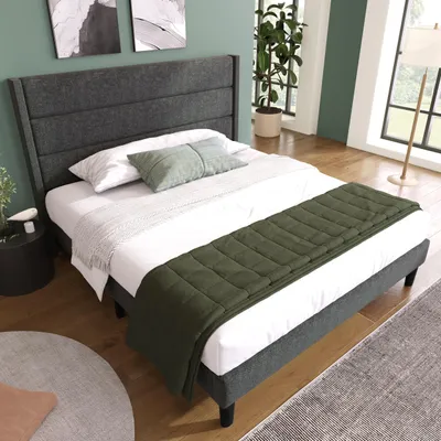 Image de MODFU Lit double 140x200 - Lit rembourré avec sommier à lattes et tête de lit - Lin - Sans Matelas - Gris Foncé