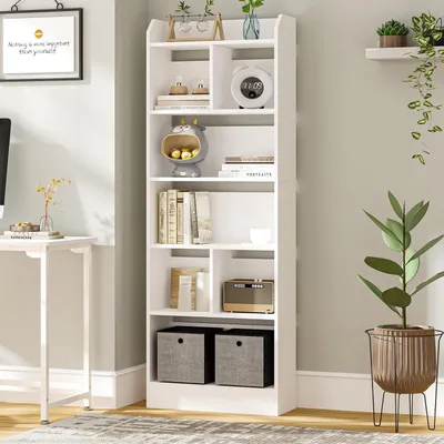 Immagine prodotto di Libreria a 6 scomparti, dimensioni 24 x 60 x 170 cm, colore bianco. Libreria freestanding, scaffale portaoggetti per soggiorno, ufficio o camera da letto