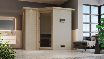Produktbild von Karibu Sauna Innensauna Sahib 2 Eckeinstieg ohne Zubehör 264x198x214 cm mit Dachkranz  mit Graphittür