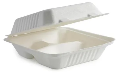 Zdjęcie produktu dla Pojemnik z trzciny cukrowej z pokrywką 3-dzielny 220x200mm, 50szt