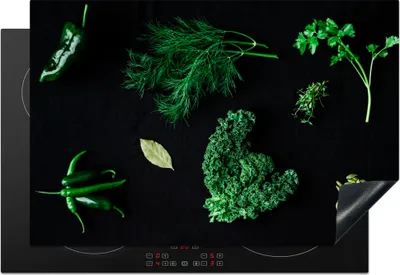 Produktbild von KitchenYeah© Herdabdeckplatte Gewürze und Kräuter auf schwarzem Hintergrund , 78x52cm, Küche Deko, Glaskeramikkochfeld Herdabdeckung, Abdeckplatte fùr Kochfeld