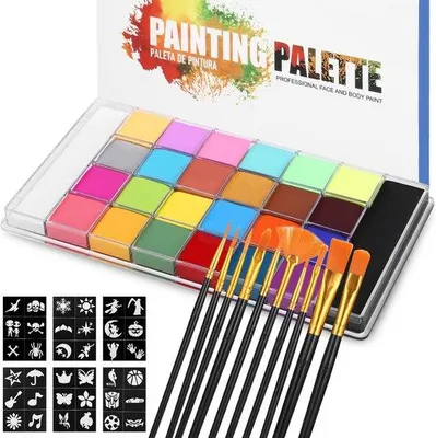 Produktbild von Gesichtsbemalungs-Set mit 26 Farben – inklusive 30 Schablonen – 10 Holzpinseln – perfekt für kreative Veranstaltungen