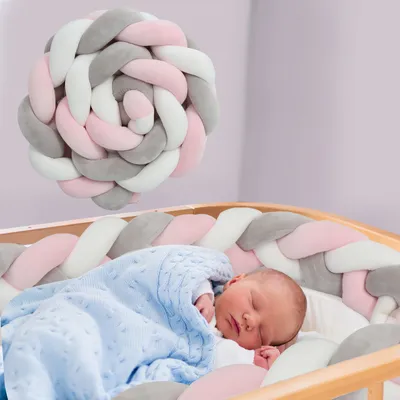 Produktbild von Wolketon Bettschlange Weben Bettumrandung, Babybett Nestchen Stossfaenger Dekoration, fuer Krippe Kinderbett, Weiche Kristallsamt Kantenschutz Kopfschutz Laenge 2M Grau Weiss Rosa