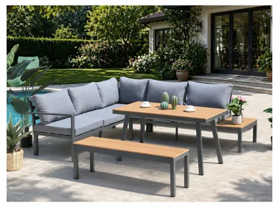 Produktbild von ALEOS. Gartenlounge Lounge Set aus Aluminium und echt Teakholz inklusive Bank Loungeecke Loungegarnitur Sitzgruppe Sofagarnitur Esstischlounge Brasilia grau anthrazit mit bequemen Kissen