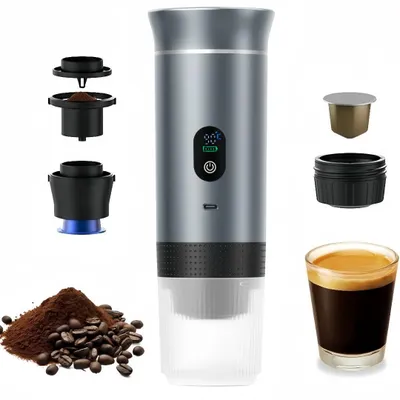 Tragbare Kaffeemaschine mit Digitalanzeige,3-in-1 Elektrische Kaffeemaschine,mit Kapseln und gemahlenem Kaffee,zum Kaltbruehen und Aufwaermen(Silber)