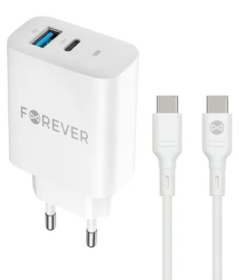 Zdjęcie produktu dla Forever Ładowarka Sieciowa Pd Qc Tc-07-30Ac 1X Usb-C 1X Usb 30W Biała + Kabel Usb-C - Usb-C 60W