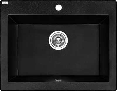 A top-down view of a black granite kitchen sink with a silver drain.